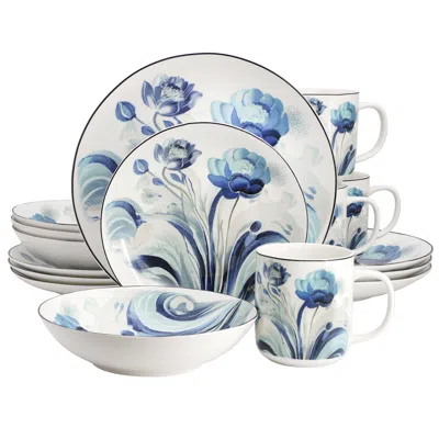 Elama Peony Garden 16 Piece Floral Design Round Porcelain Dinnerware Set In Blue