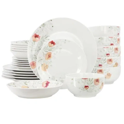 Elama Poppy 24 Piece Porcelain Double Bowl Dinnerware Set, Service For 6 In White