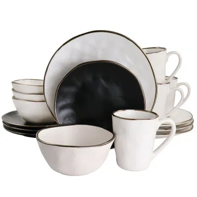 Elama Roman 16 Piece Stoneware Dinnerware Set In Assorted Matte With Gold Rim In Black;white