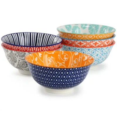 ELAMA ELAMA ROXEY 6 PIECE ASSORTED DESIGN 20OZ PORCELAIN FOOTED BOWL SET COLOR