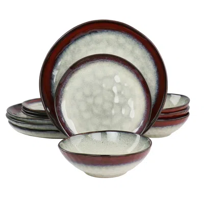 Elama Samara 12 Piece Stoneware Dinnerware Set In Red And Off White In Multi