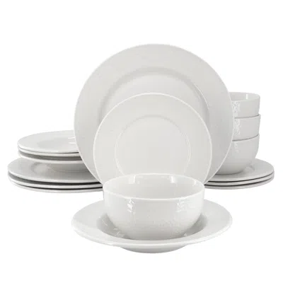 Elama Soyer 16 Piece Textured Design Double Bowl Porcelain Dinnerware Set In White