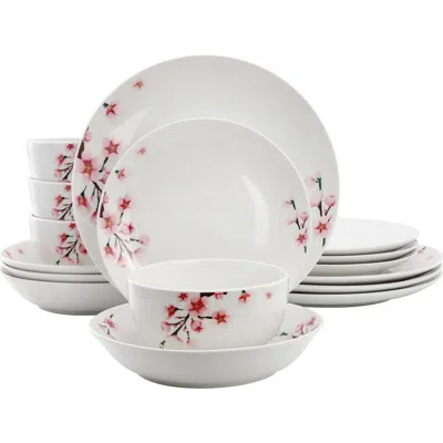Elama Tamara 16 Piece Porcelain Double Bowl Dinnerware Set, Service For 4 In White