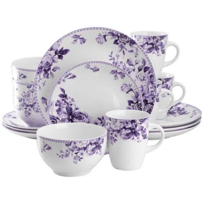 ELAMA ELAMA TRADITIONAL PURPLE ROSE 16 PIECE STONEWARE DINNERWARE SET