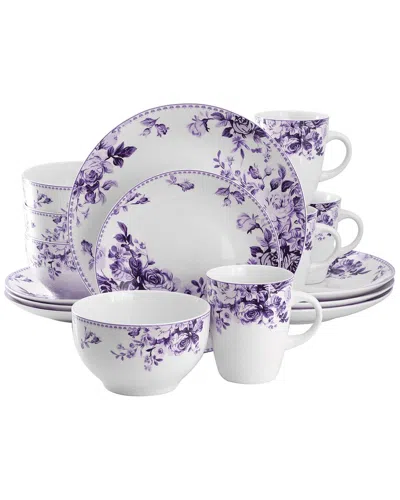Elama Traditional Purple Rose 16pc Stoneware Dinnerware