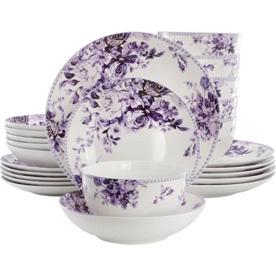 Elama Traditional Purple Rose 24 Piece Porcelain Double Bowl Dinnerware Set