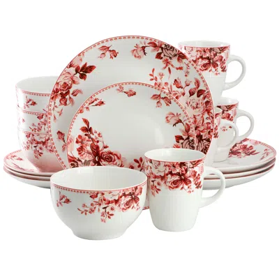 Elama Traditional Red Rose 16 Piece Stoneware Dinnerware Set In Multi