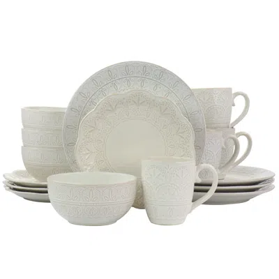 ELAMA WHITE LACE 16 PIECE LUXURIOUS STONEWARE DINNERWARE WITH COMPLETE SETTING FOR 4