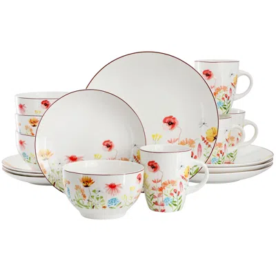 Elama Wildflower Meadow 16 Piece Stoneware Dinnerware Set In White And Multi