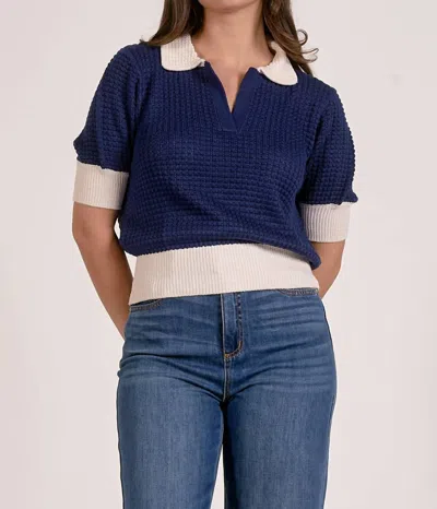 Elan 3/4 Sleeve Collar Sweater Top In Blue