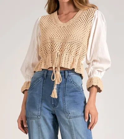 Elan 3/4 Sleeve Crochet Yarn Top In Tan In Multi