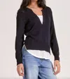 Elan Angela V-neck Layered Sweater In Navy/white In Blue