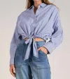 Elan Araceli Stripe Button Down Top In Black In Blue