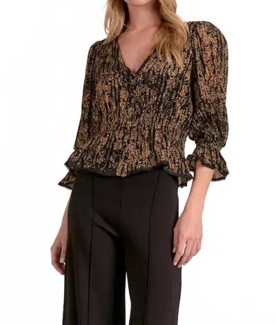 Elan Autumn Blouse Smocked Ruffle Long Sleeve Top In Gold Wisteria In Brown