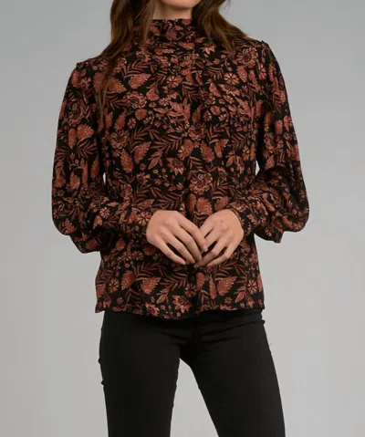 Elan Autumnal Blouse In Black Autumn Print In Orange