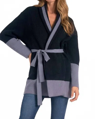 Elan Belted Color Block Cardigan In Black/blue In Multi