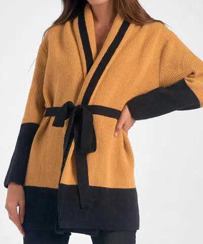 Elan Belted Color Block Cardigan In Curry/black In Brown