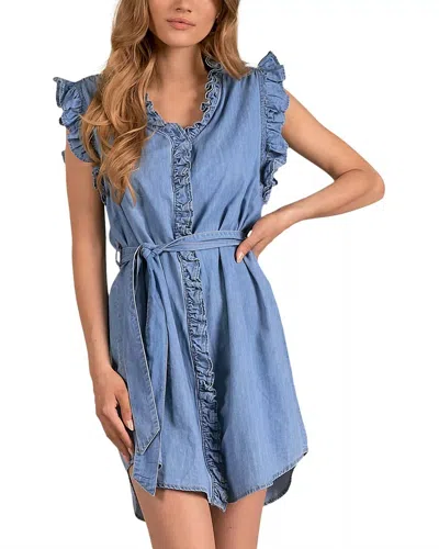 Elan Belted Cotton Ruffle Trim Dress In Denim In Blue