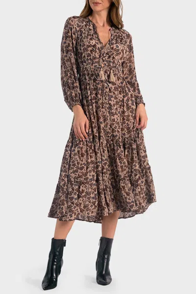 Elan Blouson Sleeve Midi Dress In Neutral Nape Print In Brown