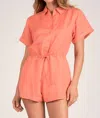 Elan Button Down Drawstring Romper In Coral In Pink