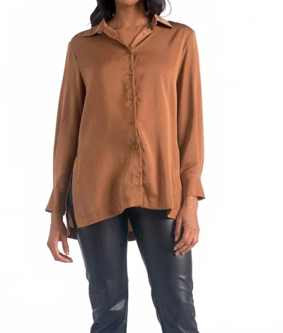 Elan Button Down High Slit Blouse In Brown