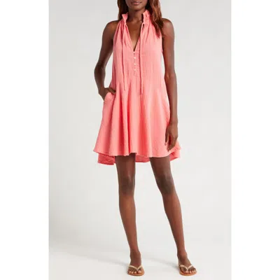 Elan Button Front Cotton Cover-up Minidress In Coral