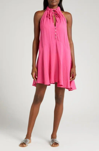 Elan Button Front Cotton Cover-up Minidress In Hot Pink