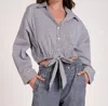 Elan Button Up Stripe Blouse With Tie Bottom In Multi In Gray