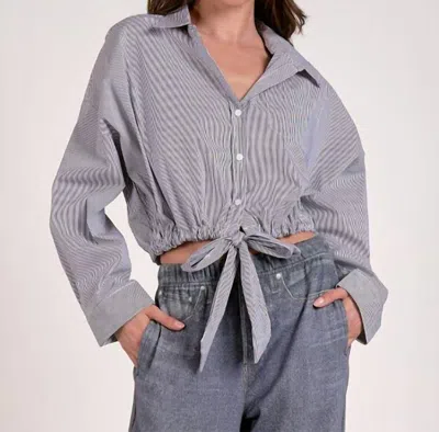 Elan Button Up Stripe Blouse With Tie Bottom In Multi In Gray