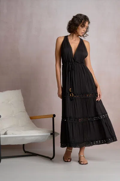 Elan Caicos Midi Dress With Crochet Detail In Black In Multi