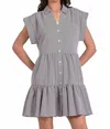Elan Cap Sleeve Button Down Mini Dress In Black Seersucker In Black