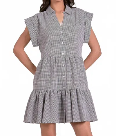 Elan Cap Sleeve Button Down Mini Dress In Black Seersucker