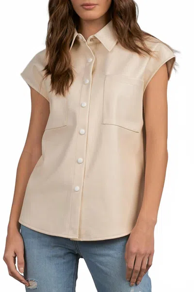 Elan Cap Sleeve Faux Leather Top In Beige In Neutral