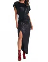 Elan Cap Sleeve High Slit Dress In Black In Black