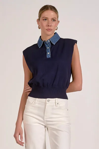 Elan Cap Sleeve Mixed Media Top In Navy In Blue