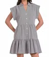 Elan Cap Sleeve Button Down Mini Dress In Black Seersucker In Blue