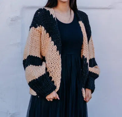 Elan Chunky Knit Stripe Cardigan In Beige Black In Orange