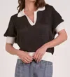 Elan Clara Collared Elbow Sleeve Sweater In Black In Brown