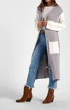 ELAN COLOR BLOCK DUSTER IN CAMEL, GRAY, AND WHITE