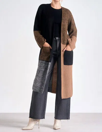 Elan Colorblock Long Cardigan In Black/brown