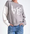 Elan Colorblock Love Round Neck Sweater In Grey/off White