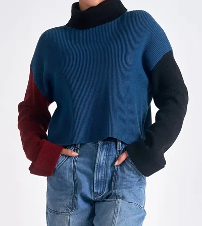Elan Colorblock Turtle Neck Cropped Sweater In Blue