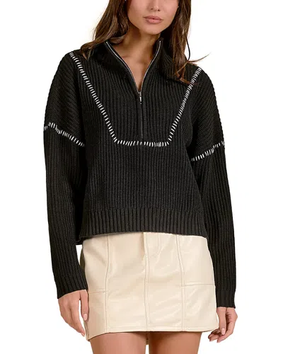 Elan Contrast Stitch Quarter Zip Sweater In Black