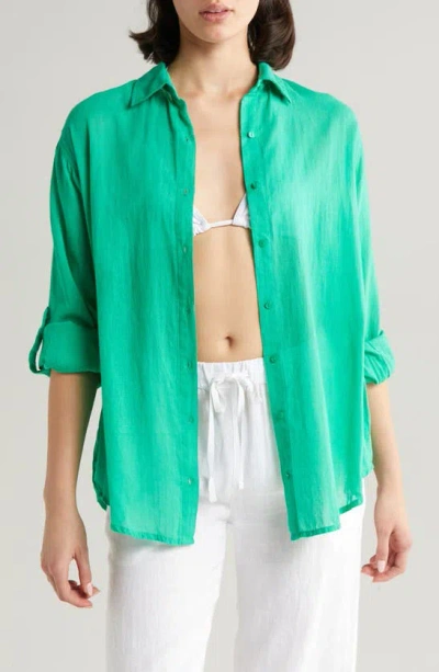 Elan Cotton Button-up Cover-up Shirt In Green Bright