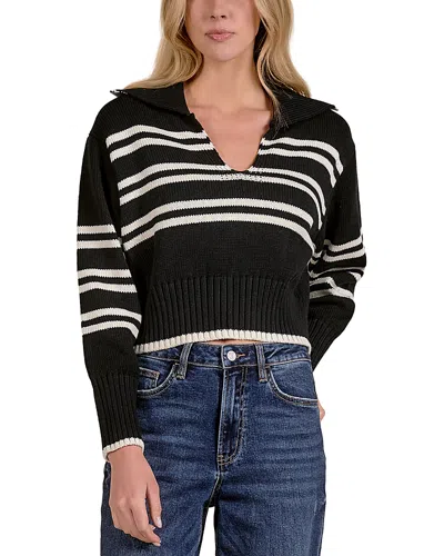 Elan Cotton Collared V Neck Sweater In Black Stripe