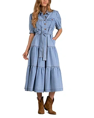 Elan Cotton Denim Tiered Shirt Dress In Blue