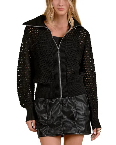 Elan Cotton Zip Front Knit Cardigan In Black