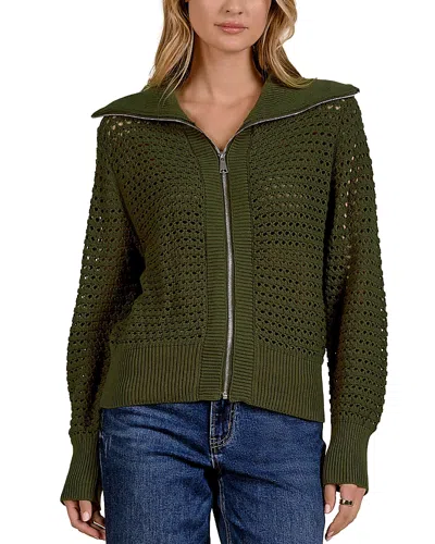 Elan Cotton Zip Front Knit Cardigan In Green