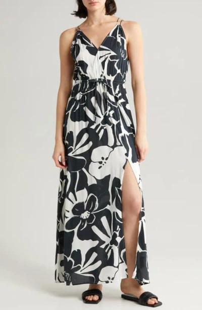 Elan Cover-up Maxi Dress In Black Hibiscus