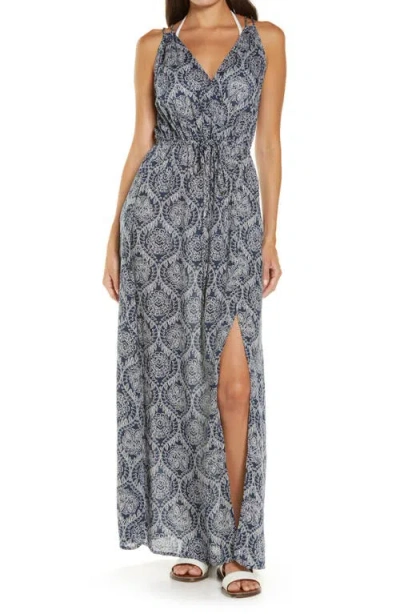 Elan Cover-up Maxi Dress In Navy/natural Bandana Print